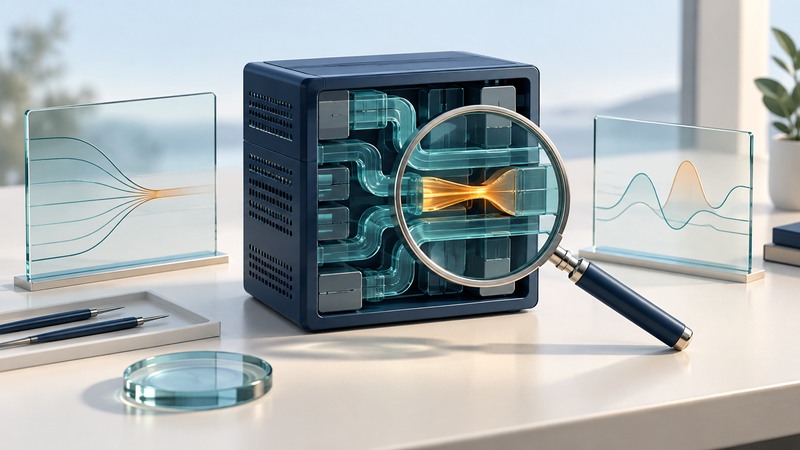 An inspection lens reveals an amber constriction inside a navy server model beside translucent diagnostic traces.