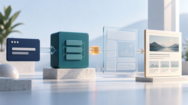 A request tile passes through a teal controller and glass template panel to a finished ivory web-page panel.