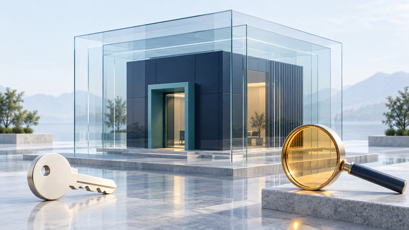 A navy application pavilion sits behind layered glass walls with an ivory key and an amber inspection lens.