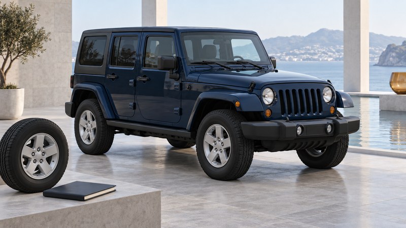 Illustrative navy four-door Wrangler-style SUV with a fitted hardtop on a level inspection pad beside a service notebook.