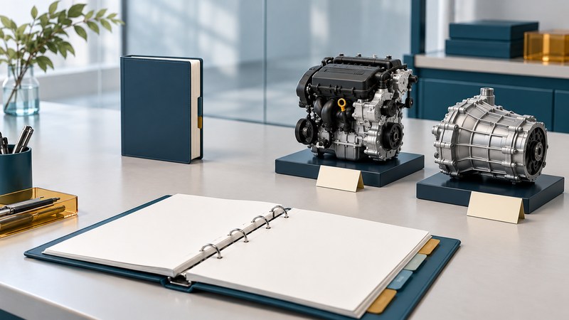 Conceptual engine and gearbox models with a service binder, paperwork and keys on a workbench.