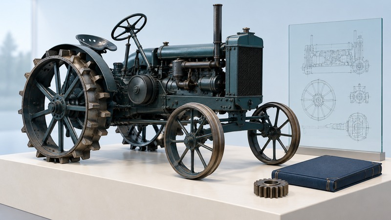 An early steel-wheel tractor model stands beside a glass drawing panel, gear and archival folio.
