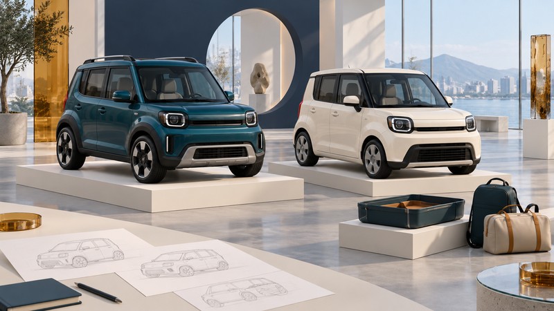 Two conceptual compact-crossover maquettes beside sketches, a separate cargo tray and travel bags.