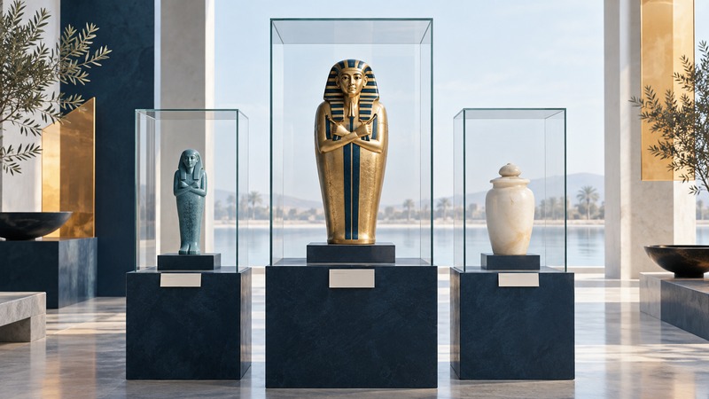 A conceptual museum display of Egyptian-inspired royal and protective objects with archive records.