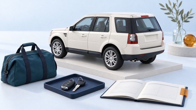 Ivory compact SUV model beside a travel bag, keys and an open service notebook.