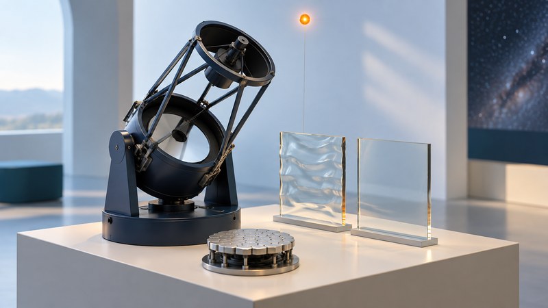 A reflecting telescope model sits beside rippled and smooth glass wavefront panels and a small mirror sample.