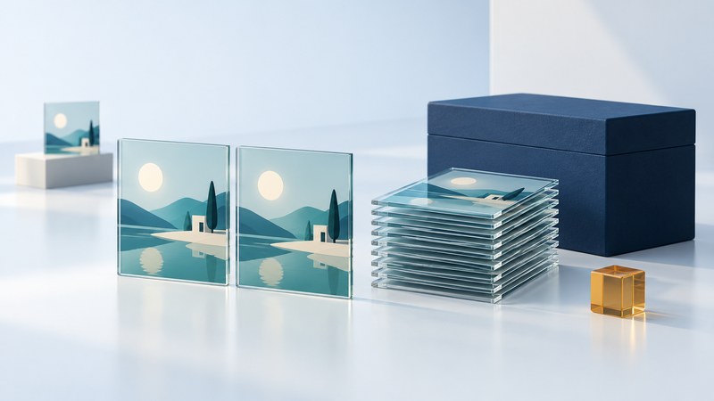 Glass picture panels, stacked image layers and a navy archive box suggest retained video frames and viewing copies.