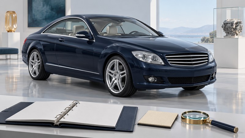 Conceptual early CL-Class coupe displayed beside an open records binder in a bright gallery.