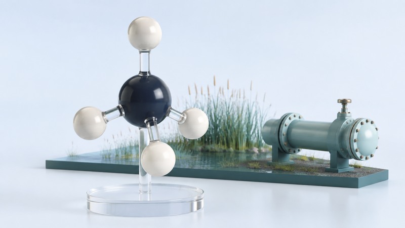 A model with one navy carbon sphere and four ivory hydrogen spheres stands before wetland reeds and a capped pipe.
