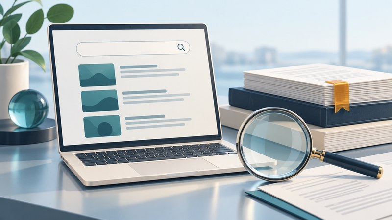 A laptop with abstract search results stands beside source documents, an amber bookmark and a magnifying glass.