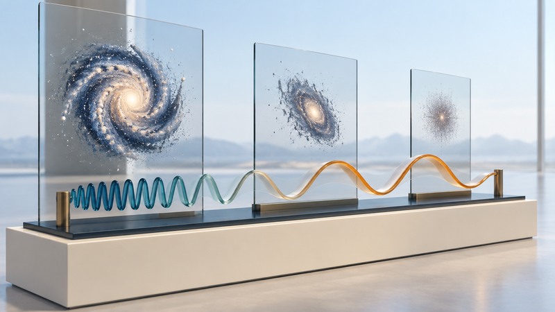 Three galaxy forms recede behind glass panels while a teal-to-amber wave expands in wavelength across an ivory display.