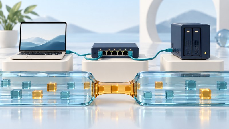 A laptop, Ethernet switch and storage server are connected above a glass channel with a narrow amber section.