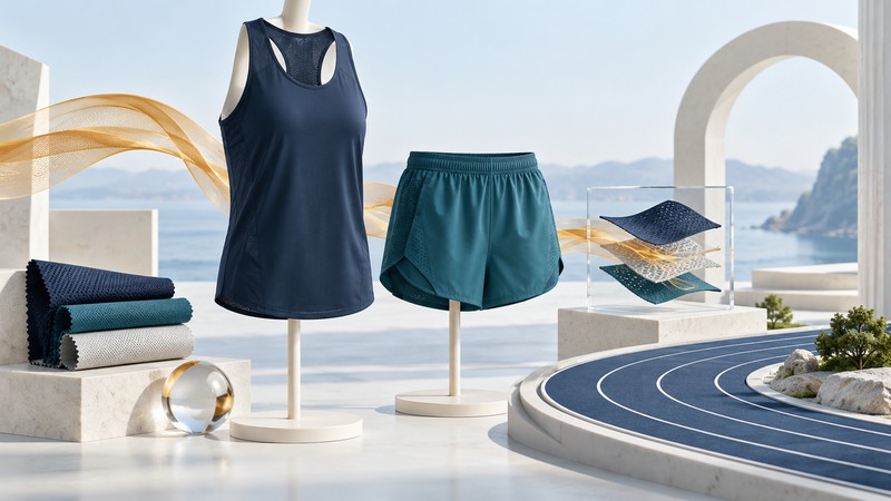 An unbranded navy running singlet and teal shorts on ivory stands beside fabric swatches and an amber airflow ribbon.