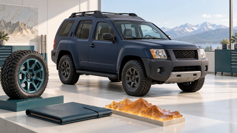 A navy Xterra-inspired SUV beside a tire exhibit, inspection folio and amber terrain model.
