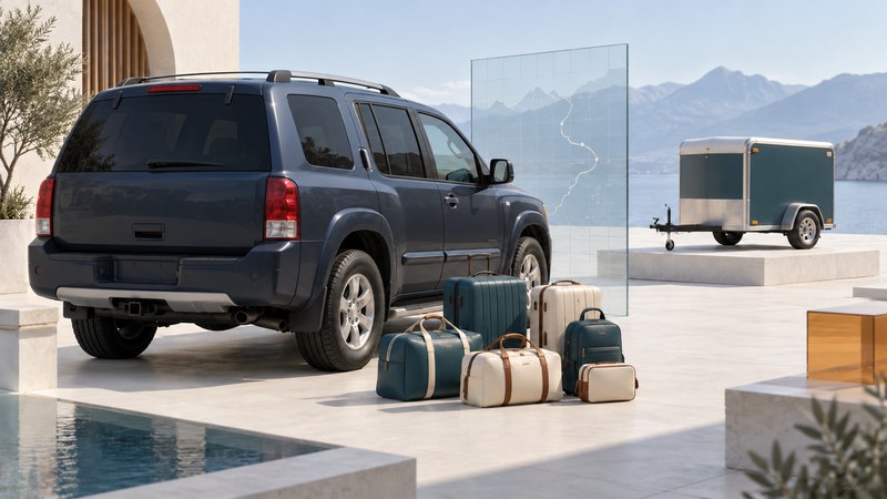 A navy three-row SUV beside travel bags, with an unattached trailer on a separate display plinth.
