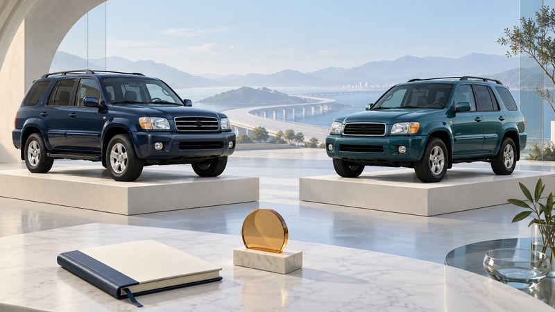 Two midsize SUVs displayed on comparison plinths beside an ownership notebook.