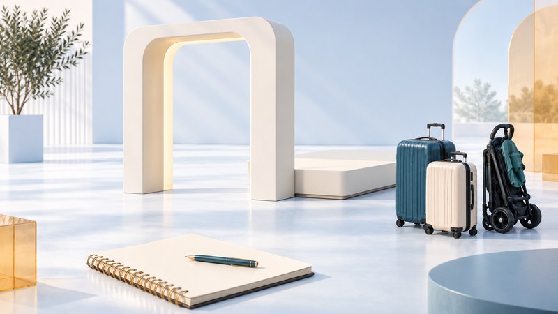 A conceptual minivan-size doorway and loading platform with luggage, a folded stroller and a viewing notebook.
