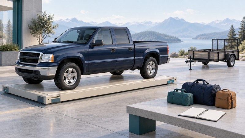 A conceptual navy pickup on a weighing platform beside travel bags, a notebook and a separate utility trailer.