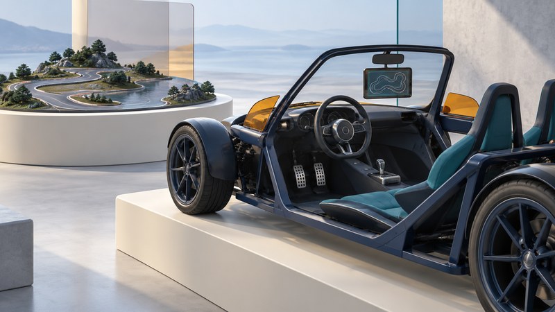Studio illustration of an open sports-car cockpit with pedals, steering wheel and a small game screen.