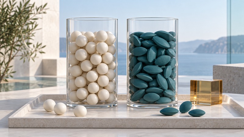 Two equal glass cylinders contain ivory spheres and flattened teal particles, with loose examples of each shape in front.