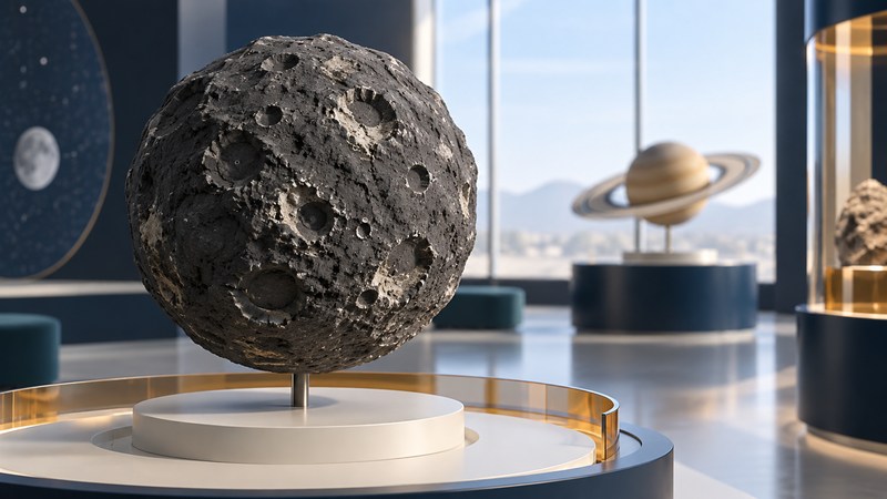 A dark cratered moon model is displayed in a museum with a small Saturn model in the background.