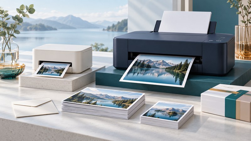 A small ivory photo printer and a larger navy printer with landscape prints and paper supplies.