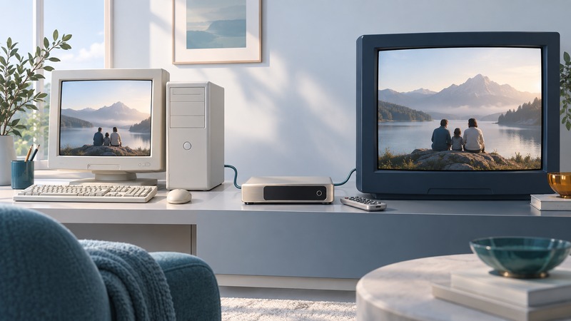 Period-inspired desktop computer and television sharing a family photograph through a small media player.
