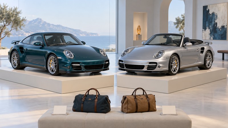 Conceptual same-era Turbo-style coupe and open-roof cabriolet displayed with two weekend bags.