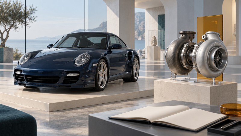 A navy sports coupe beside a separate turbocharger exhibit and an open blank technical notebook.