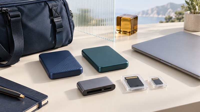 Two portable drives, a card reader, memory cards and a closed laptop form a conceptual travel backup kit.