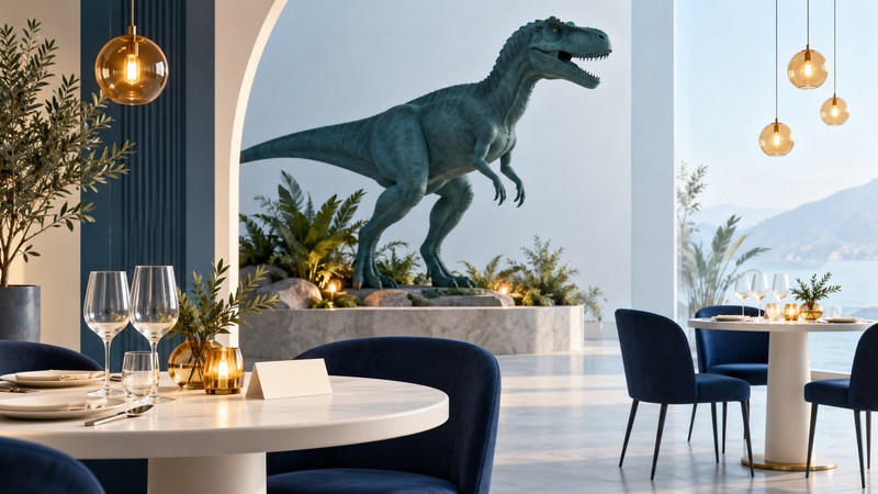 A teal dinosaur sculpture behind ivory restaurant tables with navy chairs and amber lighting.