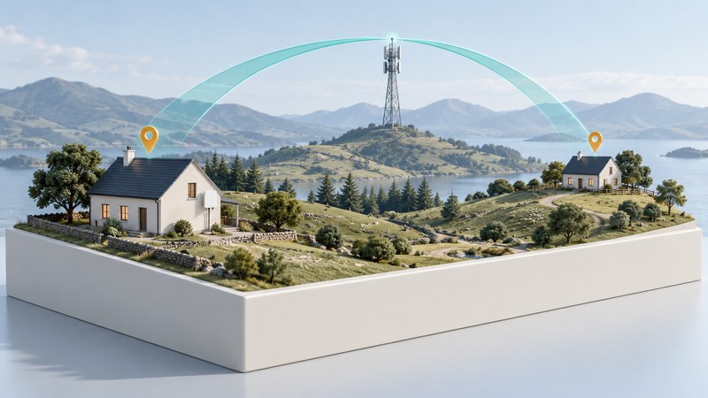 Two rural houses sit across a hilly miniature landscape beneath a conceptual wireless connection arc.