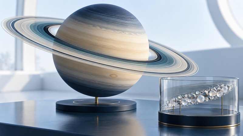 An ivory and navy Saturn globe has thin tilted concentric rings beside a magnified arc of icy particles in glass.