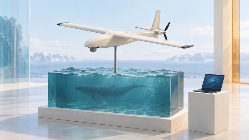 A conceptual small fixed-wing research aircraft above a teal sea display containing a whale, beside a laptop.