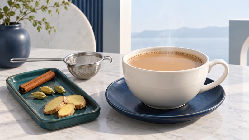 An ivory cup of milky tea sits with ginger slices, cardamom, cinnamon and a fine strainer.