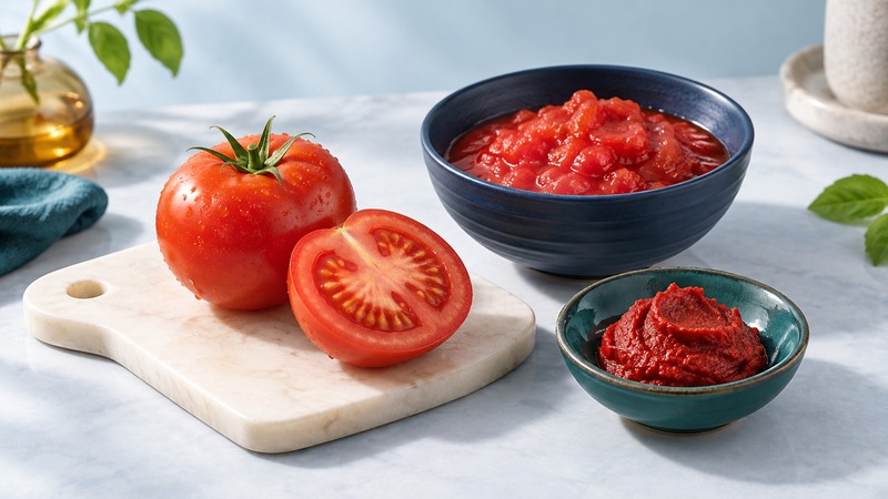 Fresh whole and cut tomatoes beside crushed tomatoes and concentrated paste in navy and teal bowls.