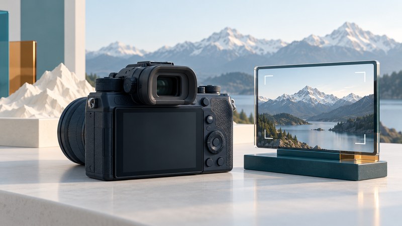 A generic camera eyecup and enlarged conceptual display beside a miniature mountain landscape.
