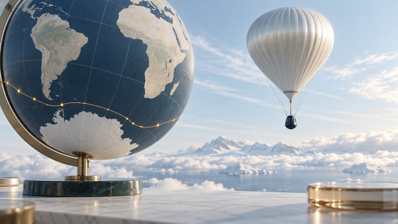 A conceptual silver balloon with an enclosed capsule floats beside a globe with meridians and an amber southern route.
