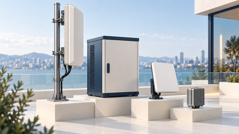A sector panel antenna, radio cabinet, subscriber panel and small communications module stand on separate ivory blocks.