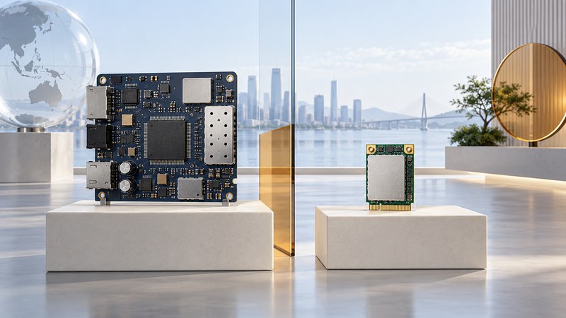 A generic modem circuit board and a smaller laptop wireless module are displayed separately on ivory plinths.