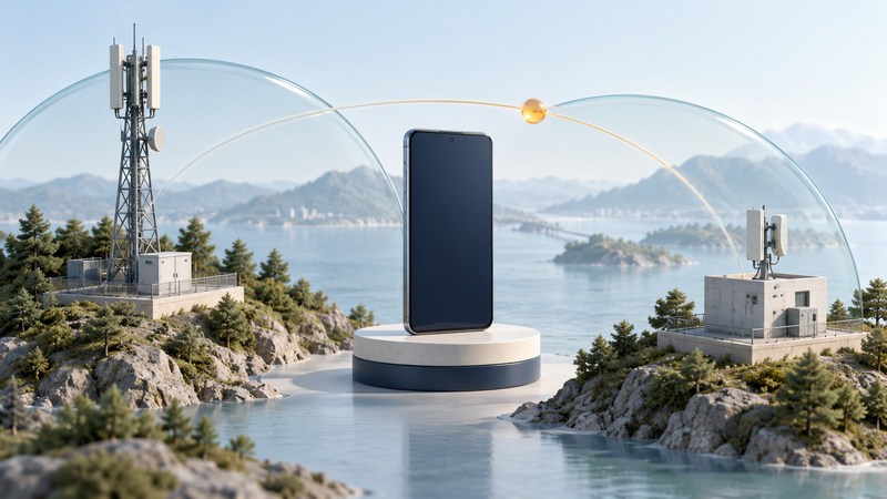 A blank-screen mobile terminal stands between two miniature radio sites and translucent conceptual coverage arcs.