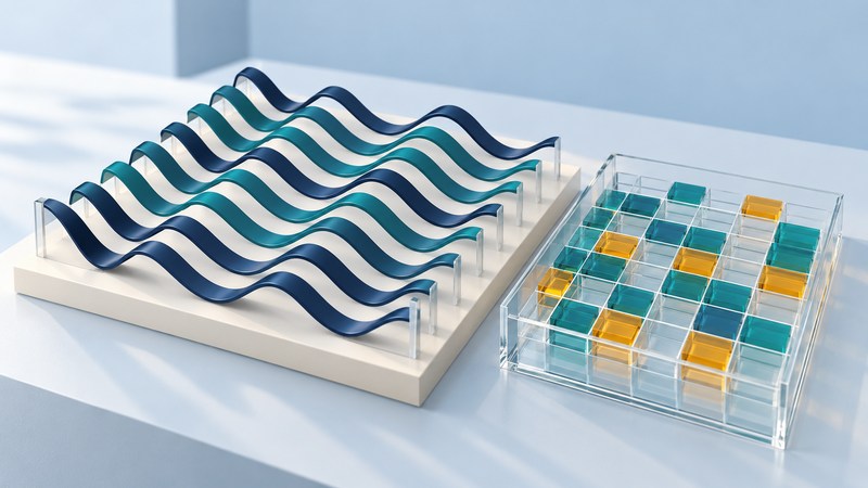 Parallel navy and teal wave ribbons sit beside a glass grid containing separate colored resource blocks.