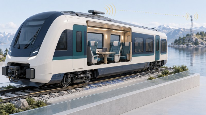 A conceptual passenger-train cutaway shows seats and a laptop, with a roof antenna linked to a distant radio site.