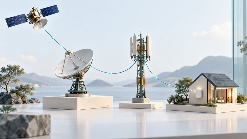 A conceptual satellite connects to a ground dish, which feeds a separate terrestrial radio mast and a house receiver.