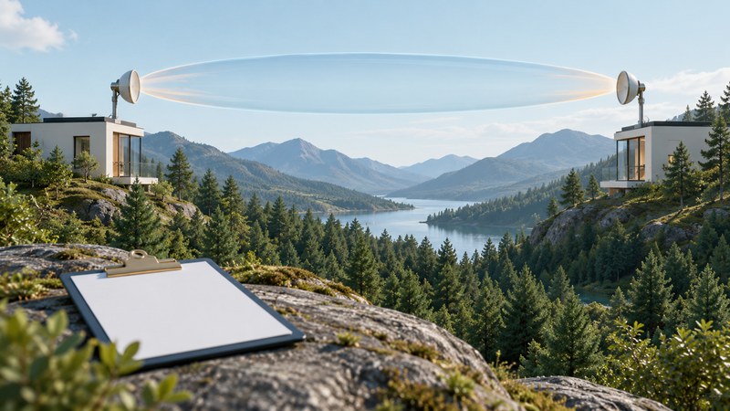 Directional antennas on two buildings face across a valley within a translucent glass ellipsoid.