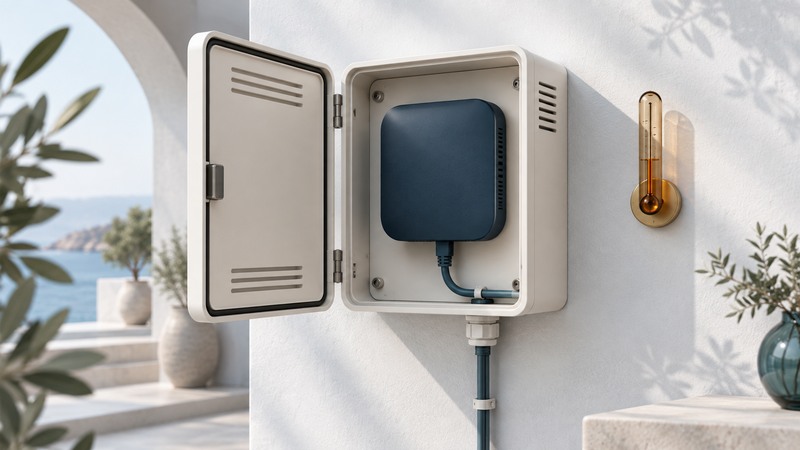 An open ivory wall enclosure holds a navy access point and tidy cable beside an amber temperature symbol.