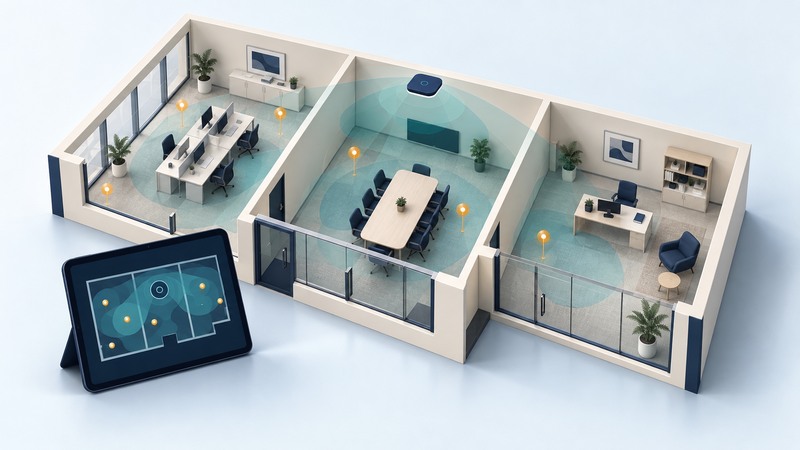 An ivory office floor plan with teal coverage areas, amber markers and a navy survey tablet.